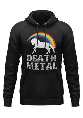 Schwarzes Gothic-Hoodie mit weißem Einhorn, Regenbogen und Death Metal Schriftzug