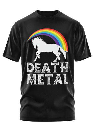 Schwarzes kurzarmshirt mit weißem unicorn-silhouette, regenbogen und death metal schrift für gothic horror fans