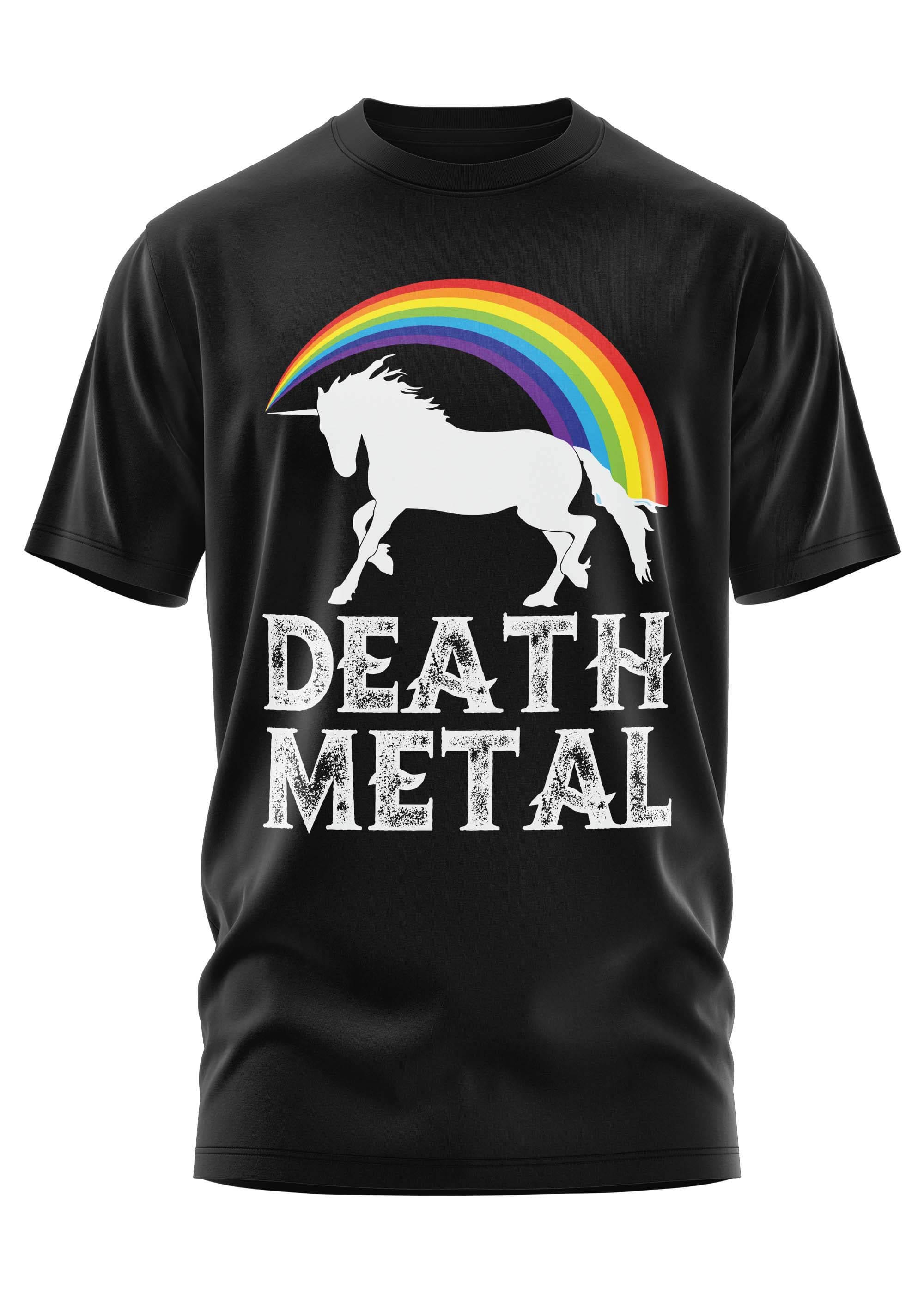 Schwarzes Gothic-Metal-T-Shirt mit weißem Einhorn und Regenbogen