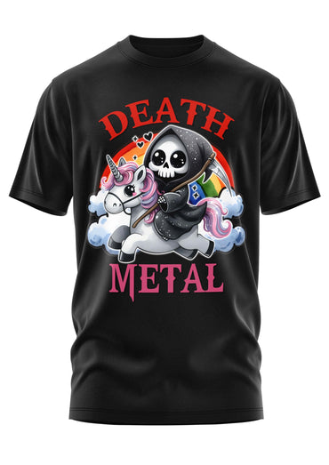 Schwarzes cotton t-shirt mit gothic cartoon grim reaper auf rosa einhorn und death metal schrift in rot und pink