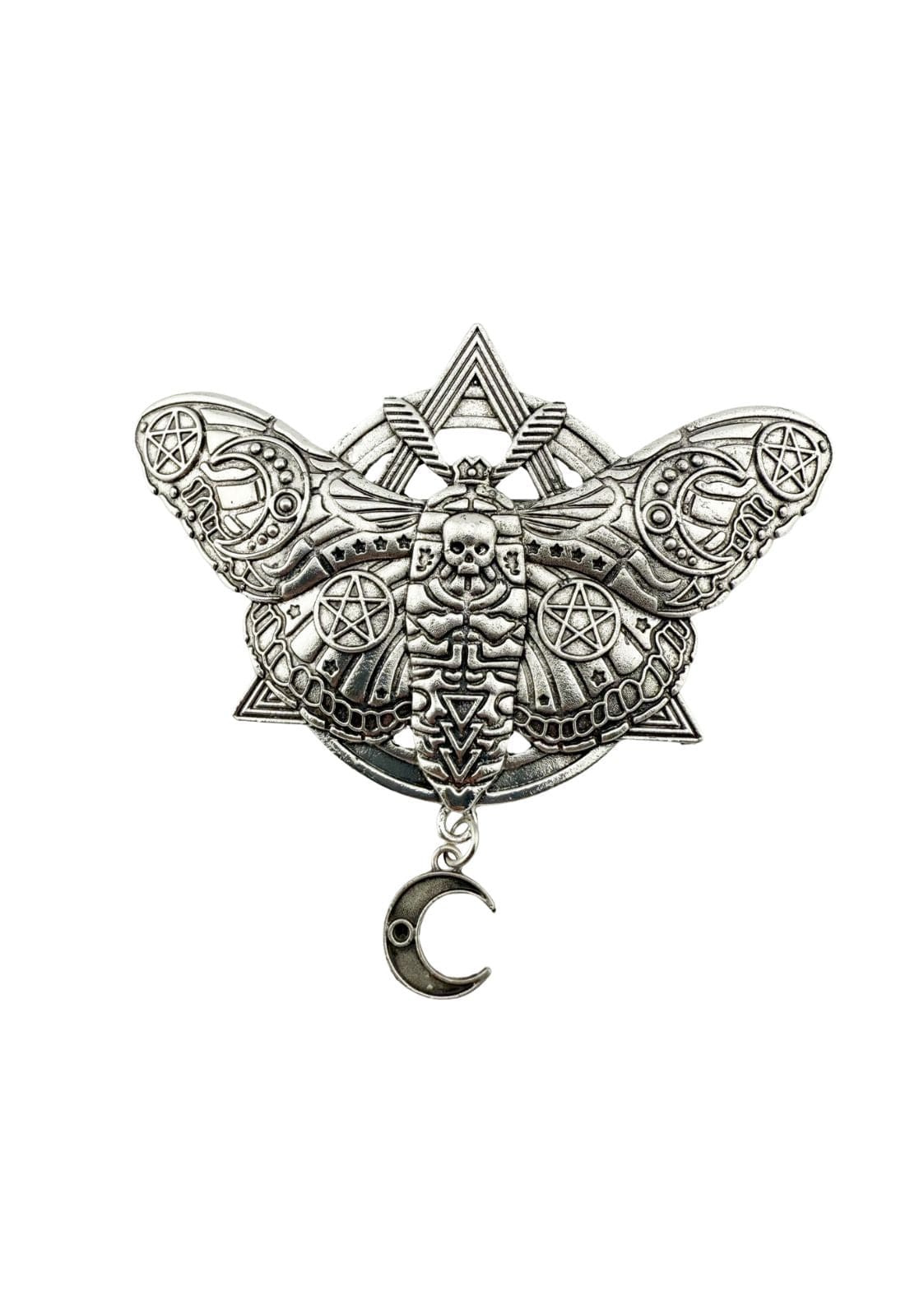 Silberne Mottenbrosche mit Pentagramm- und Totenkopfmotiv