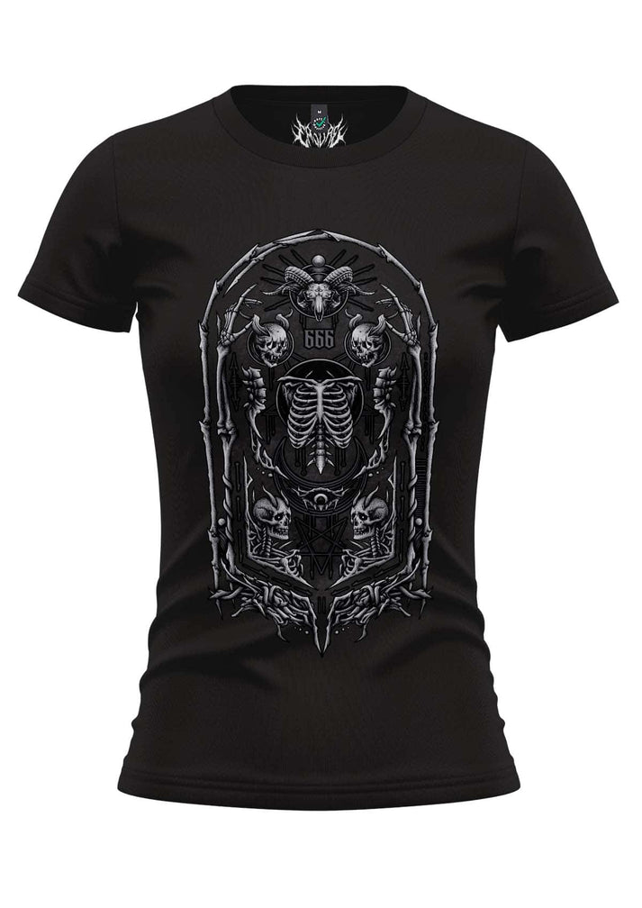 Hochwertiges girlieshirt deathball mit schwarzem skulldesign nummer 666 und gotischen bogen aus silberton
