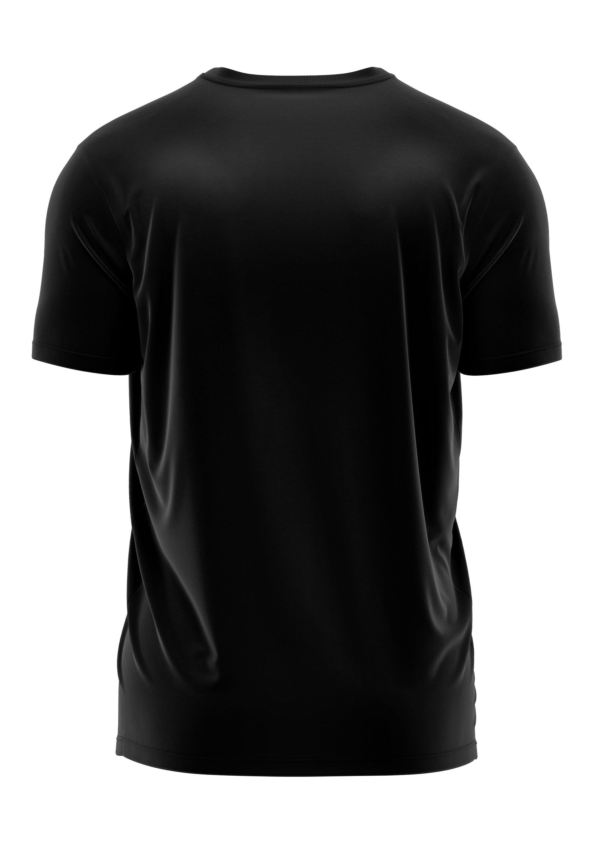 Schwarzes T-Shirt mit kurzen Ärmeln und Rundhals.