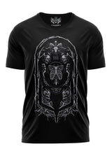 Schwarzes T-Shirt mit weißem Skelett-Design und 666-Logo.