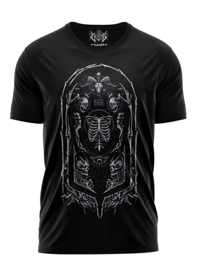Schwarzes T-Shirt mit weißem Skelett-Design und 666-Logo.