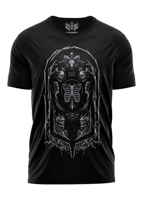 Schwarzes T-Shirt mit weißem Skelett-Design und 666-Logo.