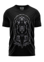 Schwarzes T-Shirt mit weißem Skelett-Design und 666-Logo.