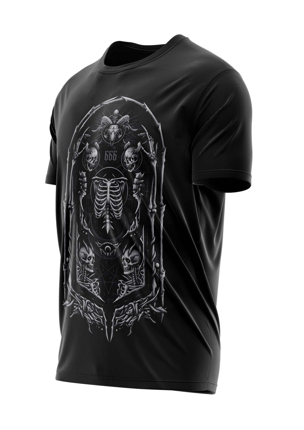 Schwarzes T-Shirt mit Skelett-Design, kurzen Ärmeln und Rundhals.