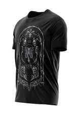 Schwarzes T-Shirt mit Skelett-Design, kurzen Ärmeln und Rundhals.
