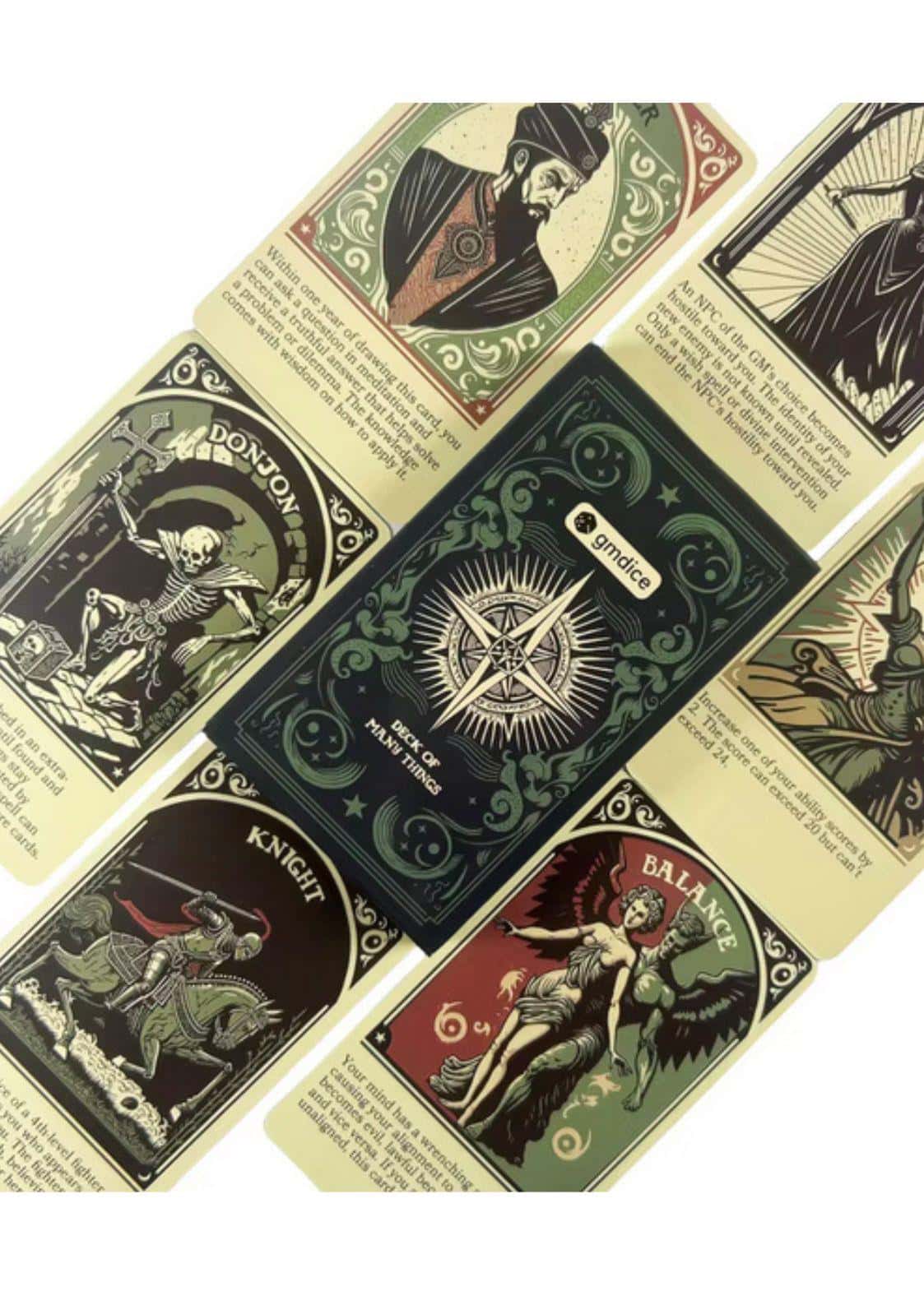 Deck of many things tarot karten mit dunkelgrünen schwarzen karten und goldenen mythologischen motiven lizenzierte bekleidung ltd