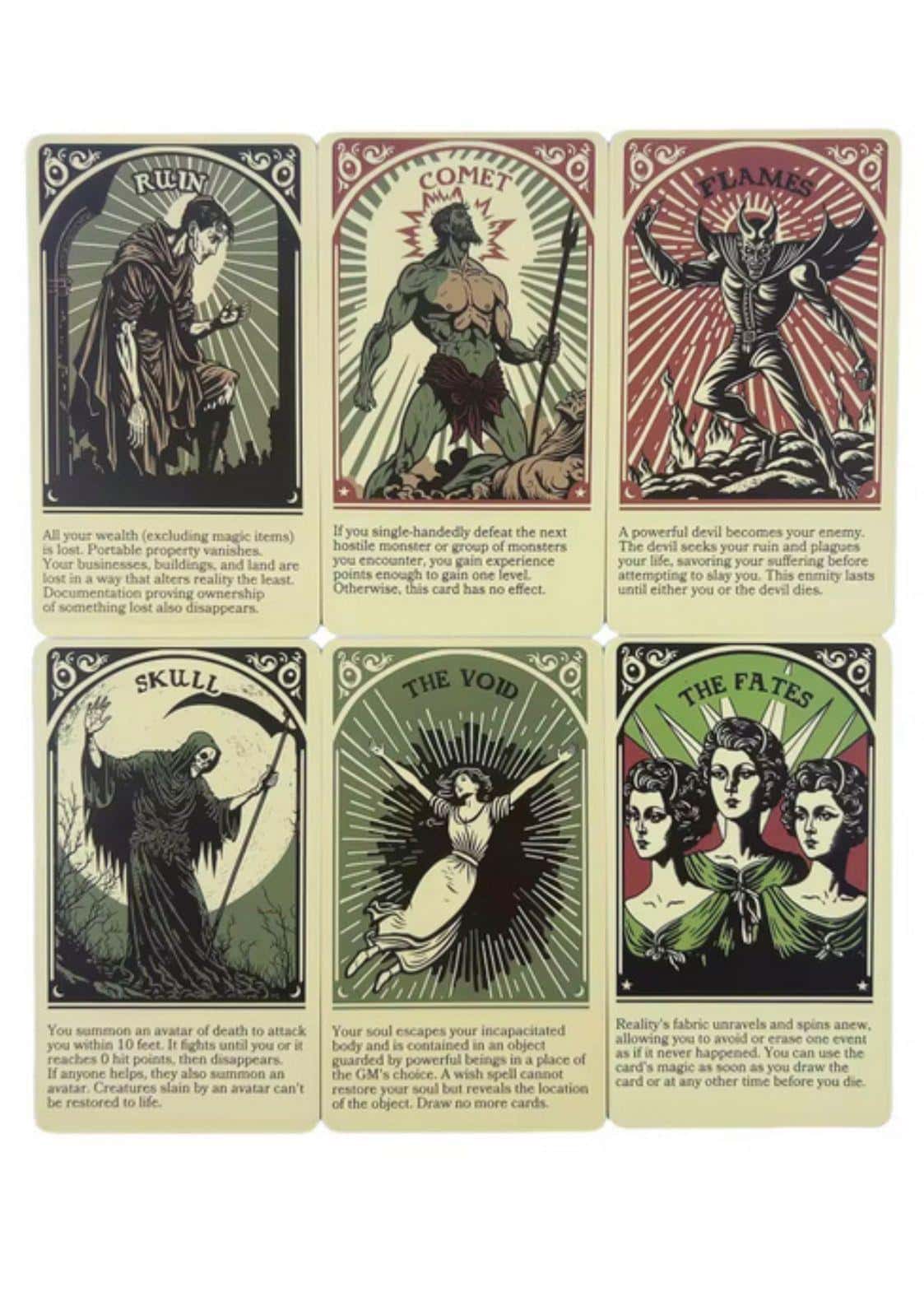 Set von sechs tarot karten mit mythischen motiven in sepia auf cremefarbenem karton für gaia lizenzierte kleidung