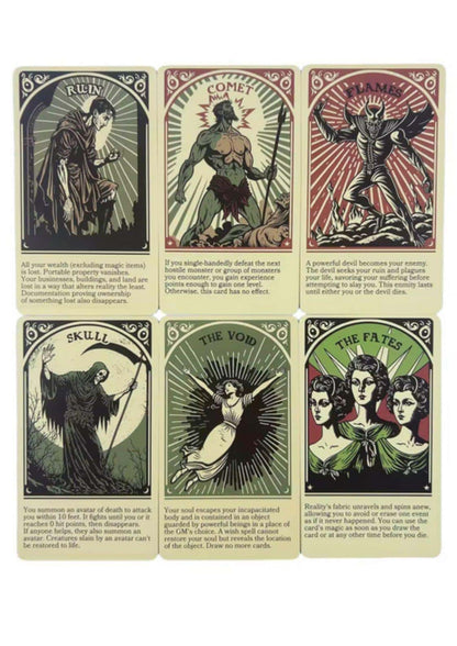 Set von sechs tarot karten mit mythischen motiven in sepia auf cremefarbenem karton für gaia lizenzierte kleidung