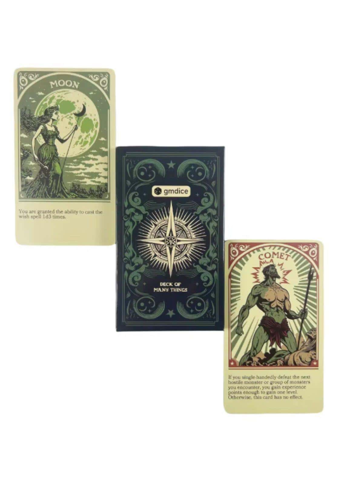 The gmdice deck of many things tarot karten features 22 vintage-style cream cards with ornate green gold red and black borders