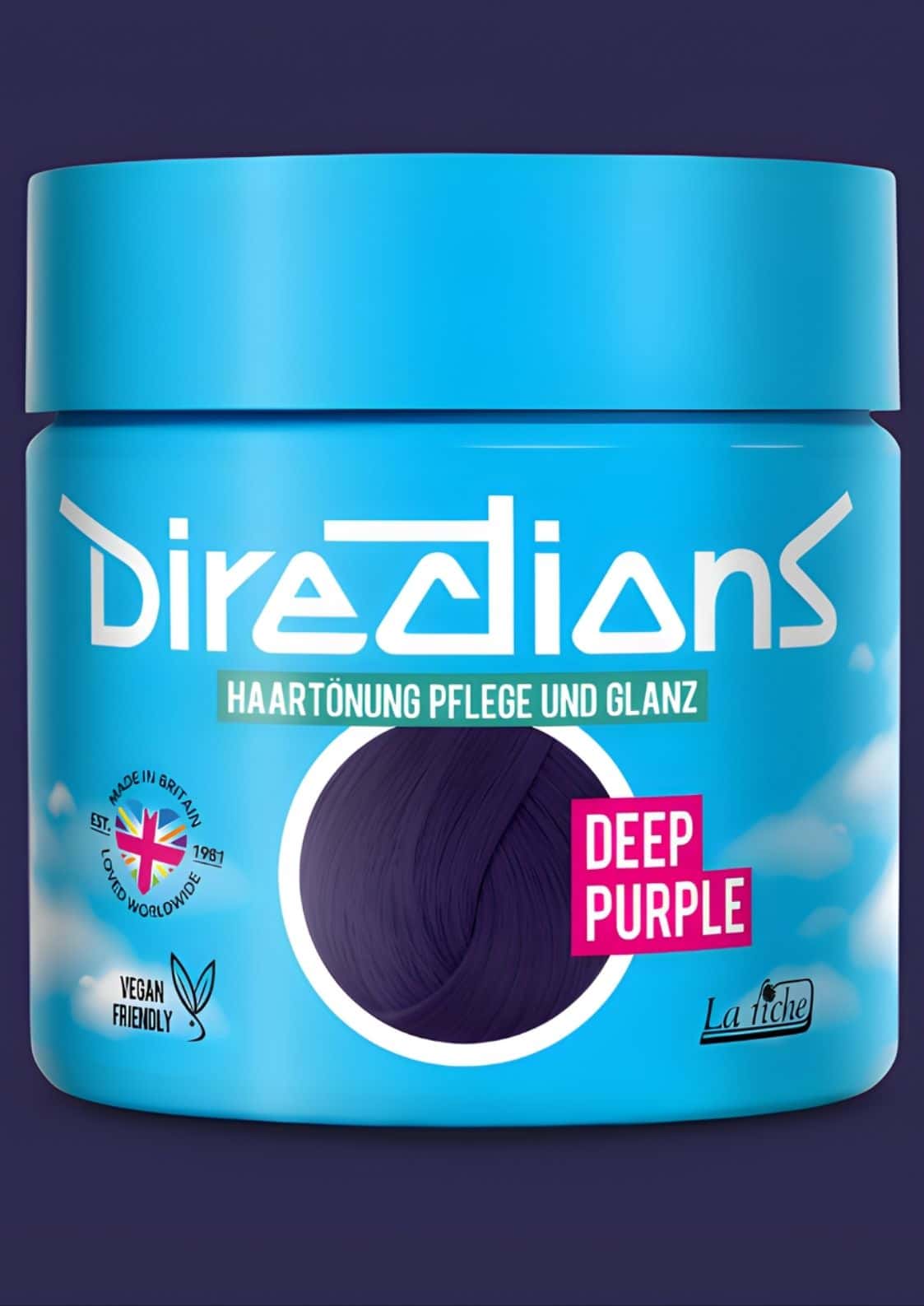 Ein lebendiger blauer zylinderbehälter mit intensiver violetter semi-permanenter haartönung deep purple directions 100ml