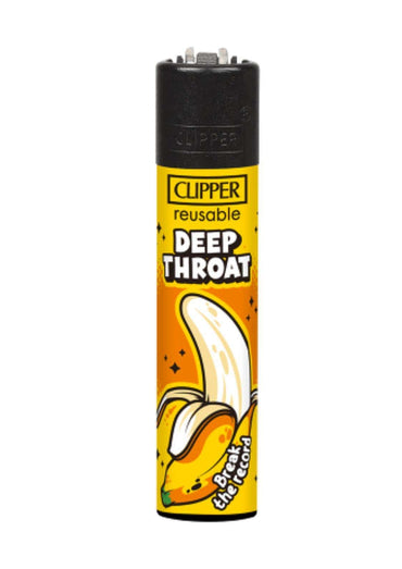 Ein gelb schwarzes clipper feuerzeug mit cartoon banane und text deep throat break the record ideal für gothic kleidung und horror fans