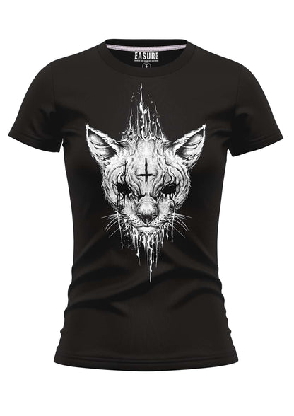 Schwarzes damen t-shirt mit gothic horror design eines katzenkopfes mit kreuz auf der stirn und tropfendem muster