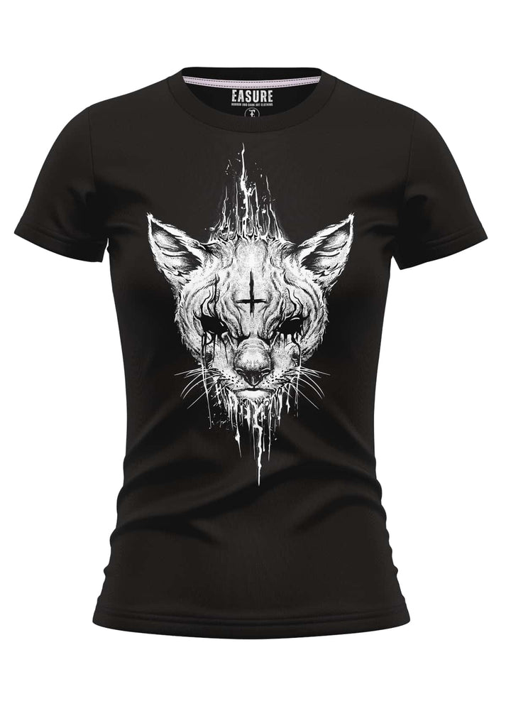 Schwarzes damen t-shirt mit gothic horror design eines katzenkopfes mit kreuz auf der stirn und tropfendem muster