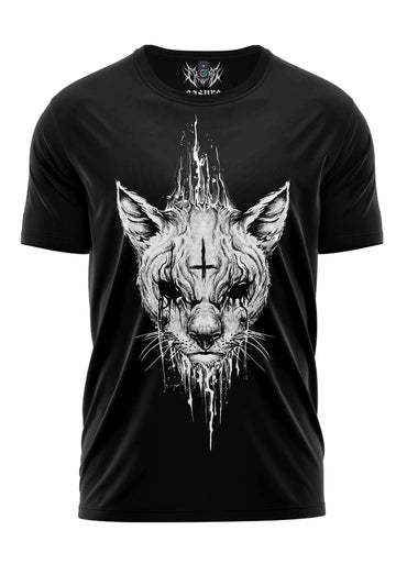 Schwarzes gothic t shirt demon cat mit weißem katzengesicht im horror dripping design und kreuz auf der stirn