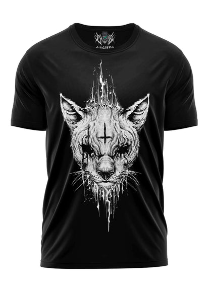 Schwarzes gothic t shirt demon cat mit weißem katzengesicht im horror dripping design und kreuz auf der stirn