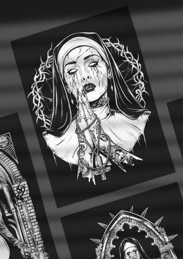 Schwarz weißes alu verbundplatten bild demon nun mit gotischer nonne, dornenkrone und detailreichen tattoos inklusive aufhängung