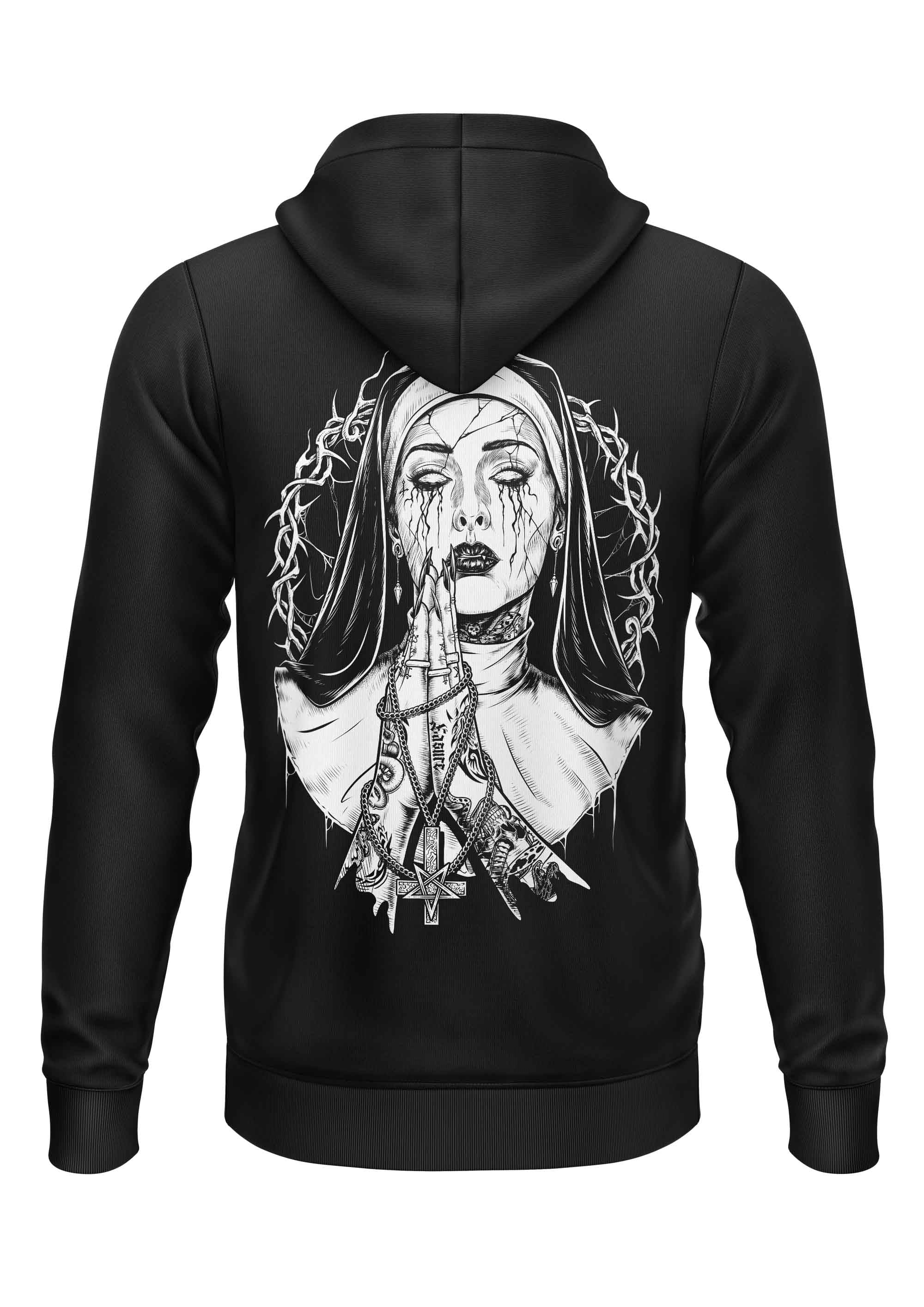 Schwarzer Gothic-Hoodie mit Dämon-Nonne-Print und Blut-Tropfen
