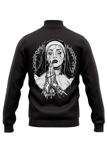 Schwere unisex college jacke in schwarz mit strapazierfähigem stoff und grafik einer nonne mit dornen und ketten