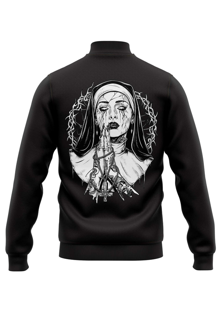 Schwere unisex college jacke in schwarz mit strapazierfähigem stoff und grafik einer nonne mit dornen und ketten