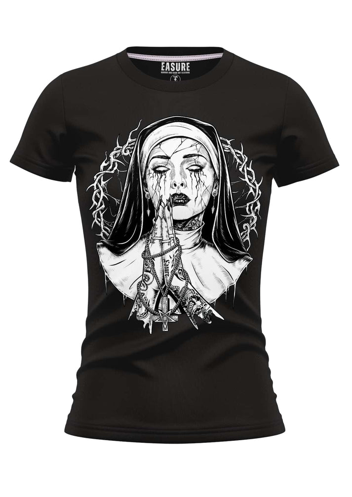 Black cotton gothic t-shirt called demon nun featuring detailed horror graphic of a nun with thorns and tattoos