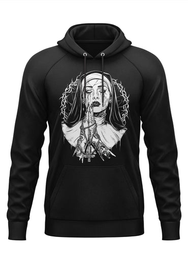 Schwarzer hoodie mit detailliertem schwarz-weiß-graphic einer gothic horror nonne mit dornen und tattoos