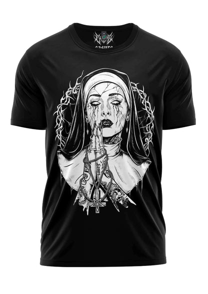 Schwarzes kurzarm-shirt mit gothic horror grafik einer nonne mit dornen und okkulten symbolen demon nun shirt