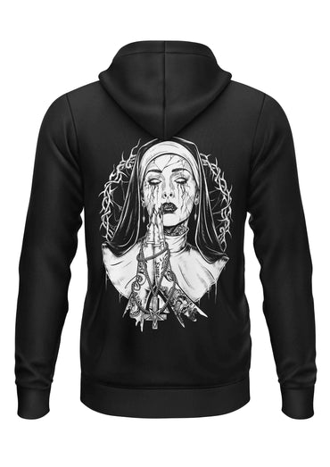 Schwarzer zipper hoodie mit gothic horror grafik einer nonne mit dornen und ketten demon nun bitte