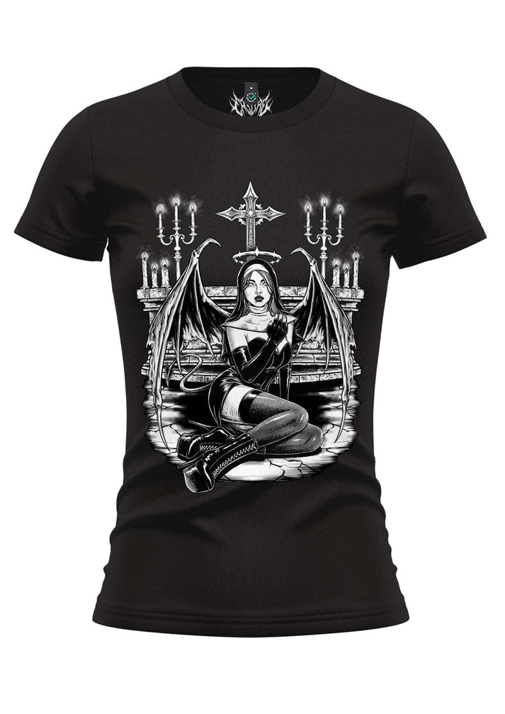 Schwarzes damen gothic mädchen-shirt mit dämonenflügel grafik und gaia lizenzierte kleidung demon wing nun