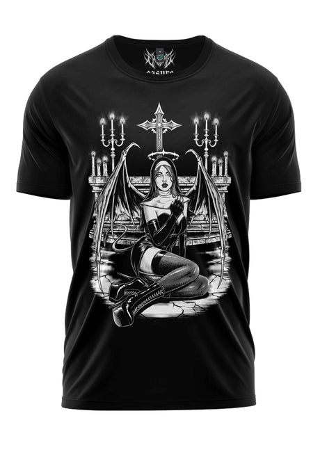 Schwarzes T-Shirt mit gotischem Engel-Design, Flügeln und Heiligenschein.