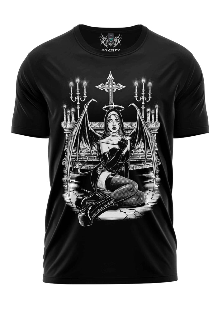 Schwarzes düsteren shirt demon wing nun mit gothic engel design,flügeln und halo aus bio-baumwolle