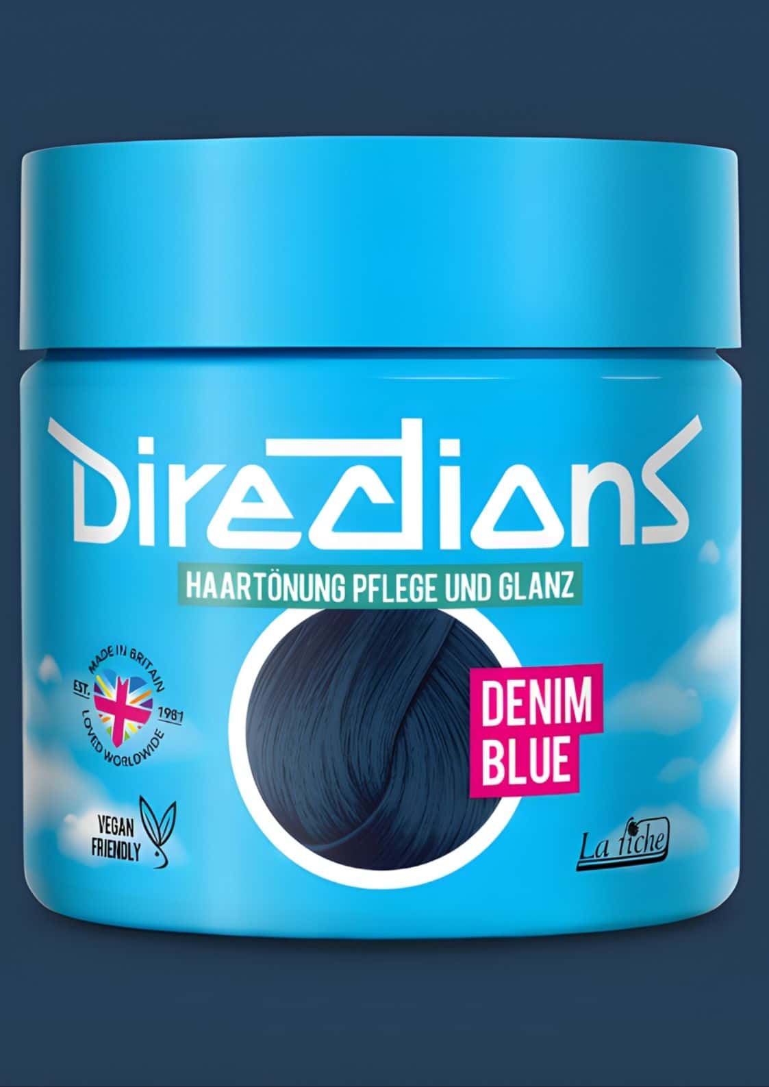 Denim blue directions 100ml haartönung in einem blauen zylinder mit silbrig-grauer nuance und halbpermanenter haartönung