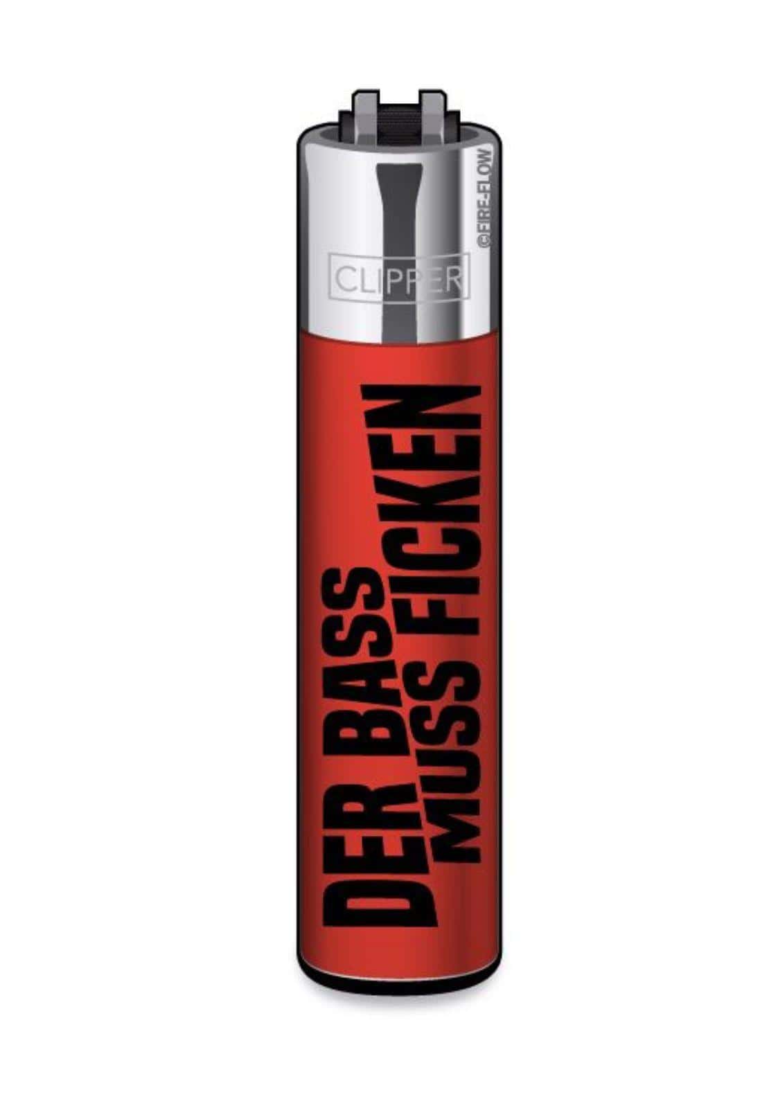 Rotes und schwarzes clipper feuerzeug mit der bass muss ficken in bold schrift für gothic horror und dark fashion fans