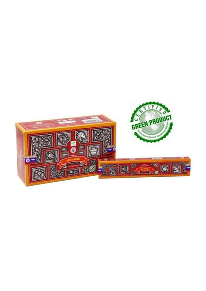 Rotes und goldenes rechteckiges desi aroma satya räucherstäbchenbox mit gothischen schwarzen mustern und sri archa banner