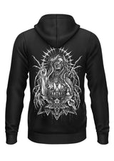 Schwerer Unisex Hoodie Devil’s Prayer mit Skelett-Hornen-Rückenprint