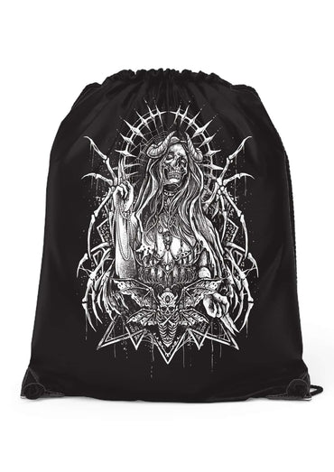 Schwarzer gym bag mit externen kordelhalterungen und gothic motiv eines skelettartigen teufels mit spinnenarmen