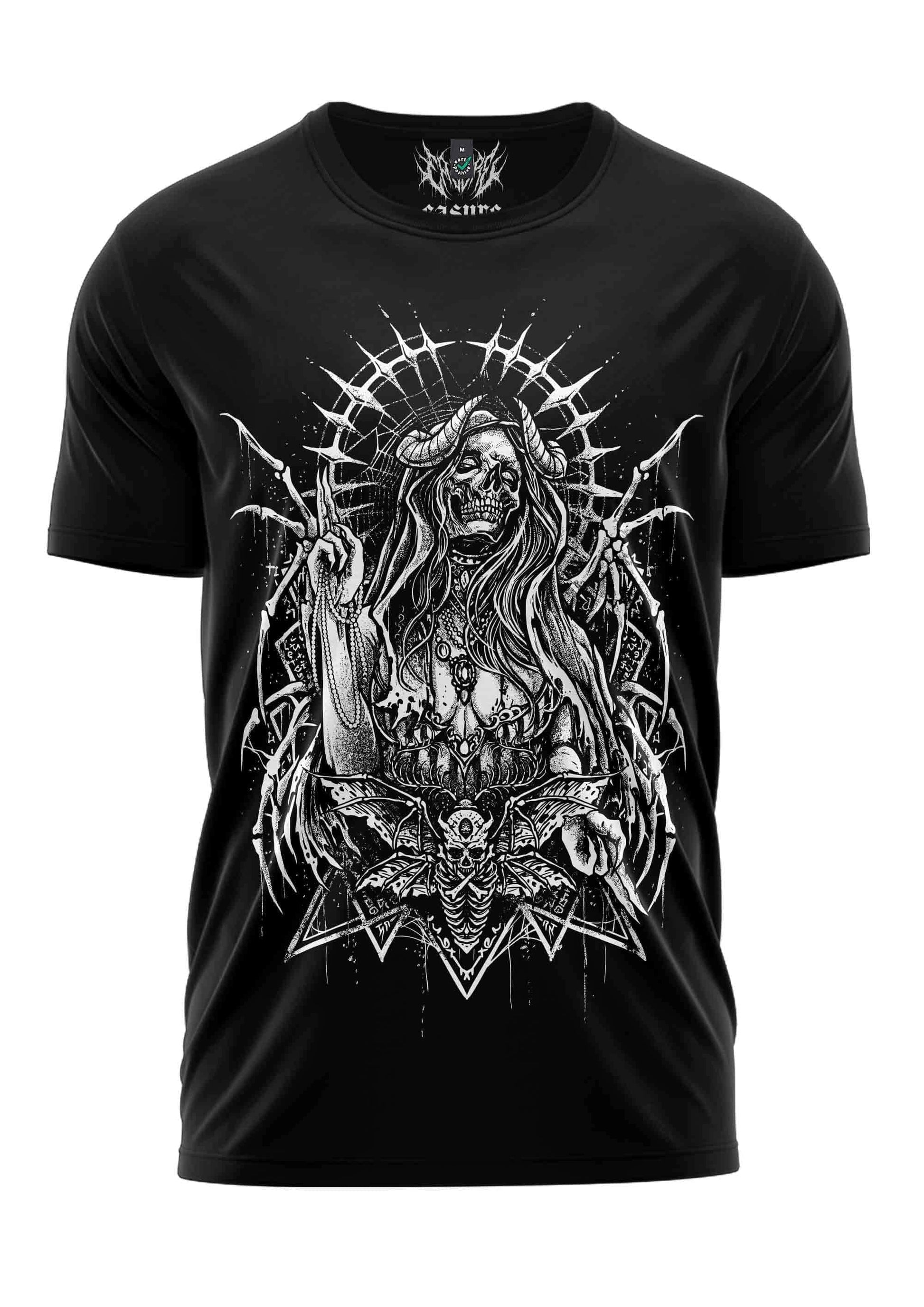 Schwarzes gothic shirt mit weißem skelett-motiv und teufelsgebet-design auf der vorderseite