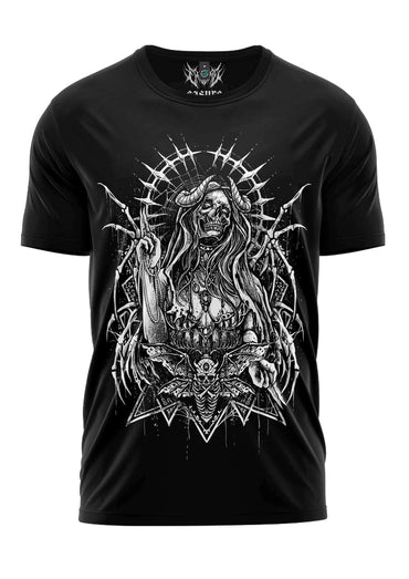 Schwarzes gothic shirt mit weißem skelett-motiv und teufelsgebet-design auf der vorderseite