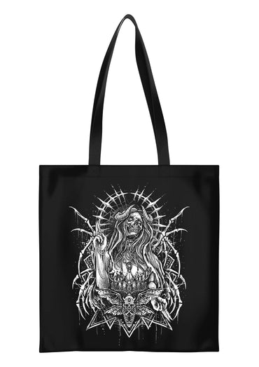 Schwarzer devil´s prayer tote bag aus strapazierfähigem stoff mit weißem gothic skelettmotiv fair produziert