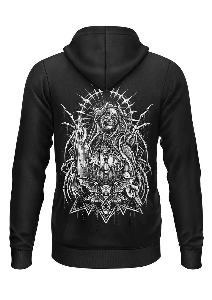 Schwarzer zip-up hoodie mit weißem devil´s gebet grafikdruck einer skelettfigur und gotischen designs gaia lizenzierte kleidung