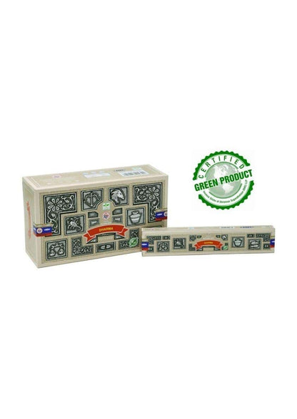 Beige rechteckige box dharma satya räucherstäbchen mit schwarzen mustern rotem band und zertifikat grünem produkt für gothic dark fashion
