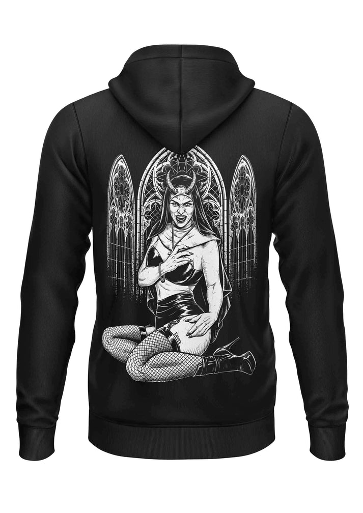 Schwerer unisex hoodie diabolo nun aus strapazierfähigem recyceltem polyester mit himmlischem flügel- und halo-design auf der rückseite