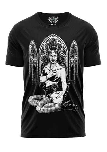 Schwarzes diabolo nun schweres unisex t-shirt mit strapazierfähigem stoff und weicher qualität zeigt dämonische figur vor gotischen bögen