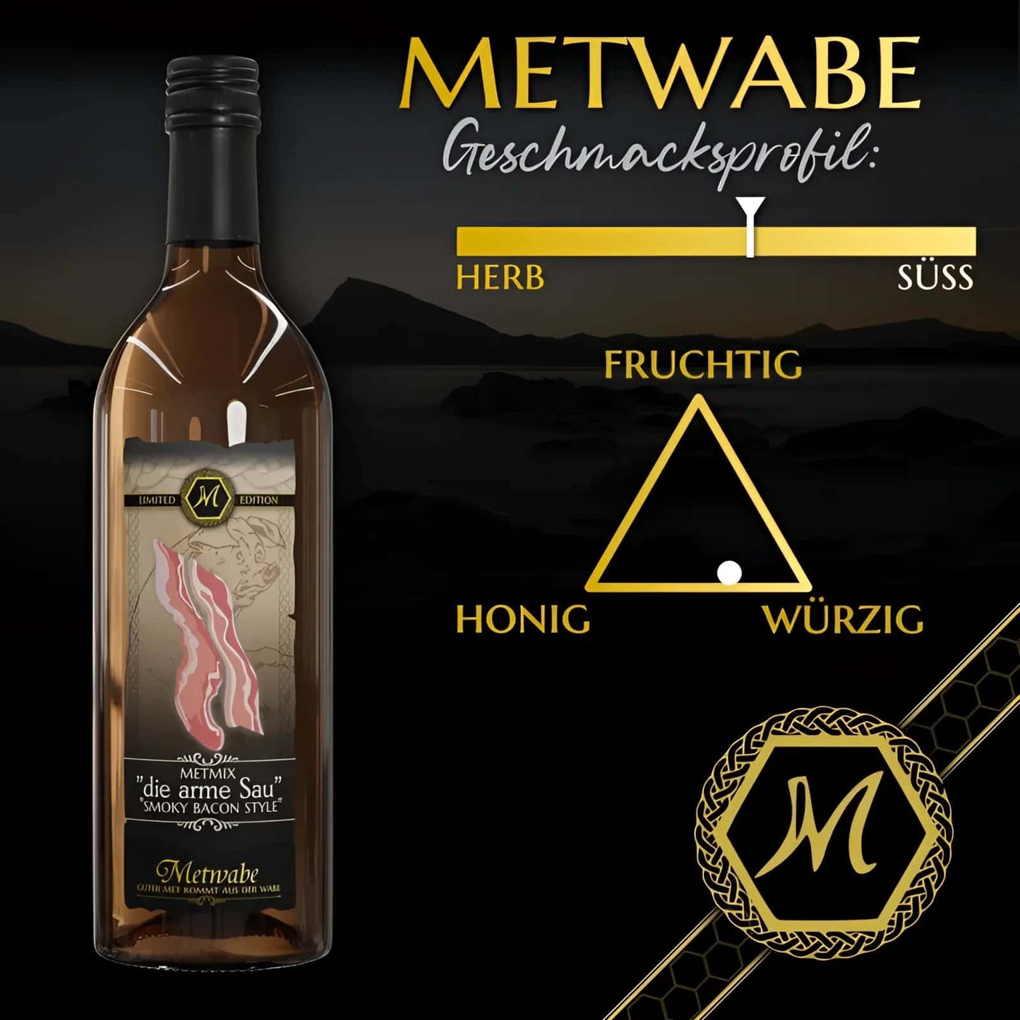 Eine schlanke bernsteinfarbene glasflasche mit metwabe arme sau smoky bacon style cider und schwarzem verschluss
