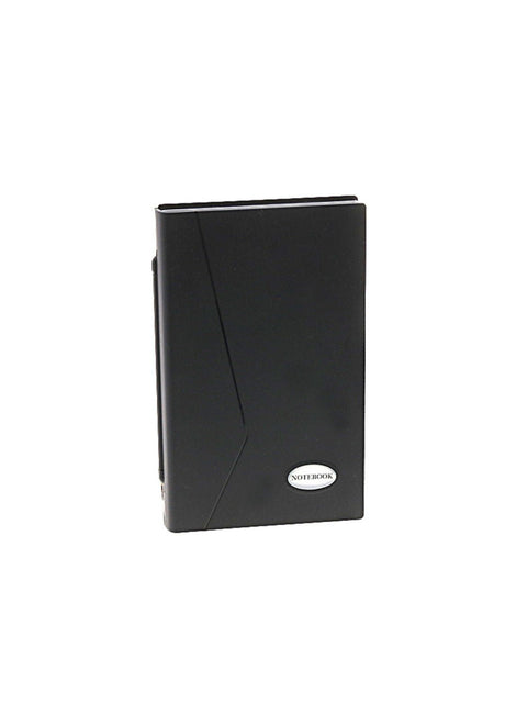 Schwarzes Notizbuch mit diagonalem Design.
