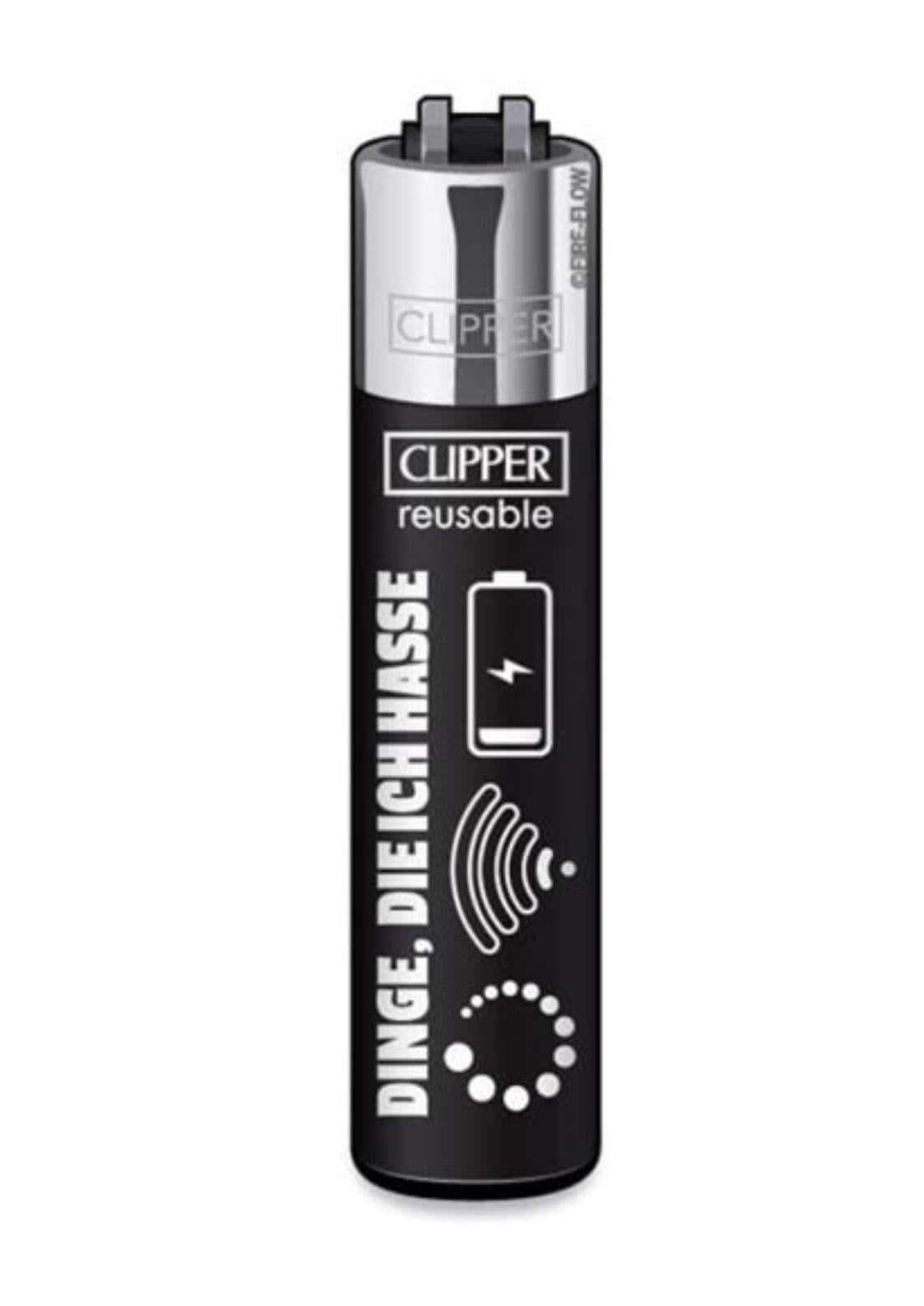 Schwarzes wiederbefüllbares clipper feuerzeug dinge die ich hasse mit silberner metallkappe und batteriesymbol