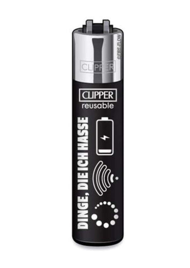 Schwarzes wiederbefüllbares clipper feuerzeug dinge die ich hasse mit silberner metallkappe und batteriesymbol
